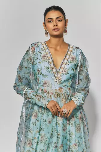 Sea green print chanderi embroidered anarkali set