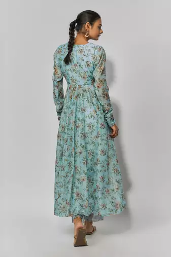 Sea green print chanderi embroidered anarkali set