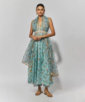 Sea green print chanderi embroidered anarkali set 1