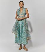 Sea green print chanderi embroidered anarkali set