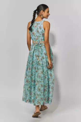 Sea green print chanderi embroidered anarkali set