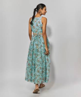 Sea green print chanderi embroidered anarkali set 3