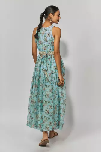 Sea green print chanderi embroidered anarkali set