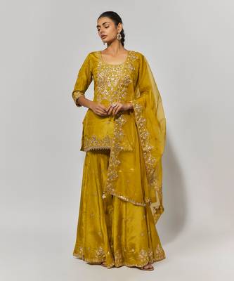 Golden yellow pure spun silk embroidered sharara set 1