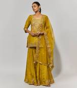 Golden yellow pure spun silk embroidered sharara set