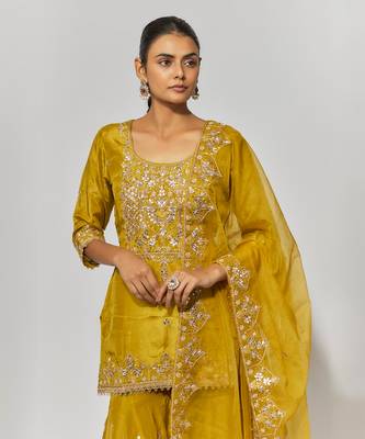 Golden yellow pure spun silk embroidered sharara set 2