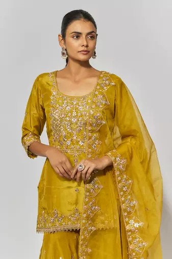Golden yellow pure spun silk embroidered sharara set