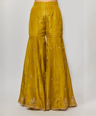 Golden yellow pure spun silk embroidered sharara set 3