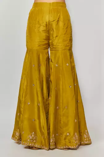 Golden yellow pure spun silk embroidered sharara set