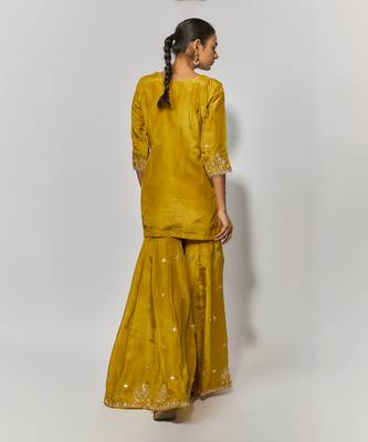Golden yellow pure spun silk embroidered sharara set 4