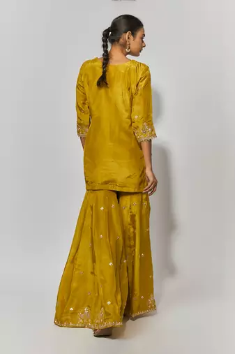 Golden yellow pure spun silk embroidered sharara set