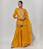 Honey orange pure spun silk embroidered sharara set