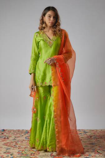 Neon green hand embroidered sharara set