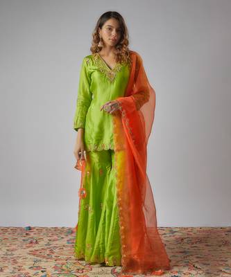 Neon green hand embroidered sharara set 1