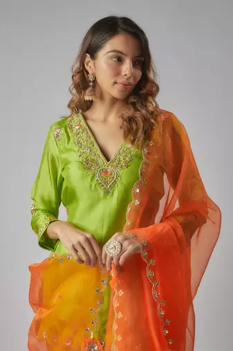Neon green hand embroidered sharara set