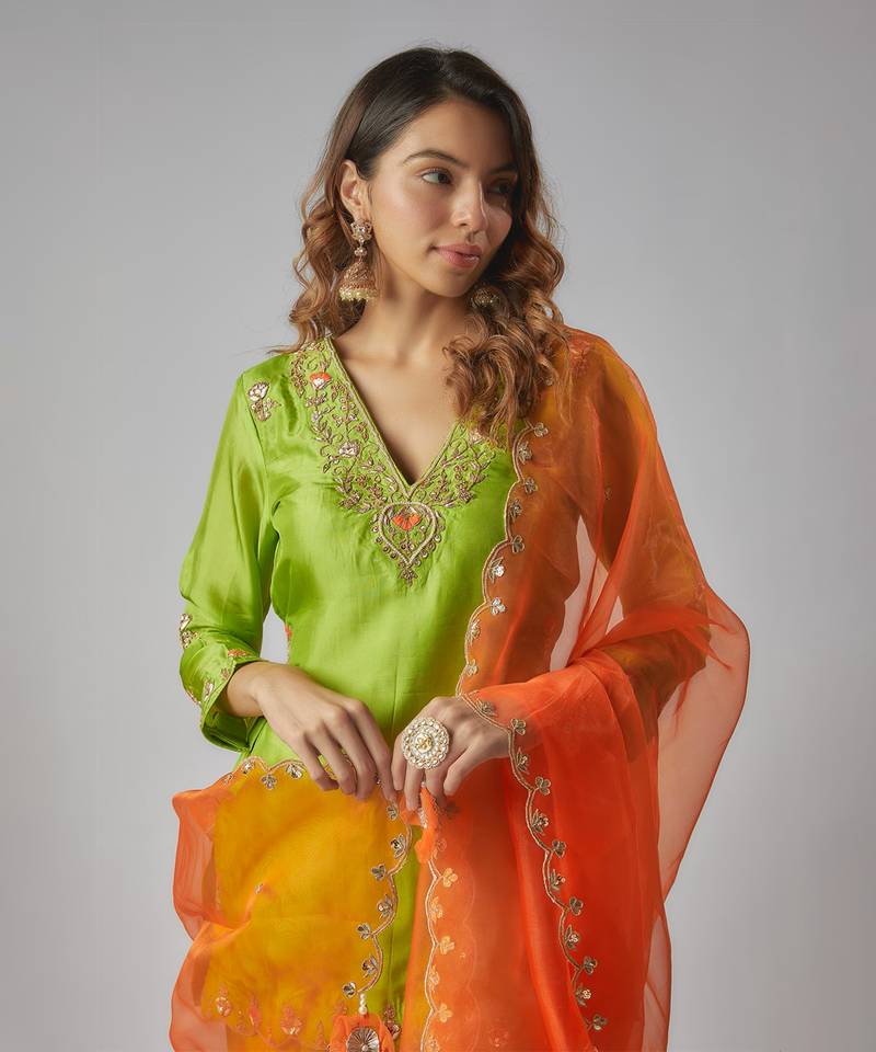 Neon green hand embroidered sharara set