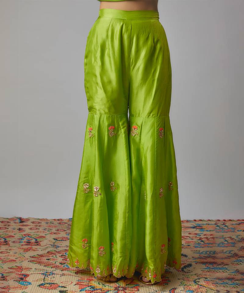 Neon green hand embroidered sharara set