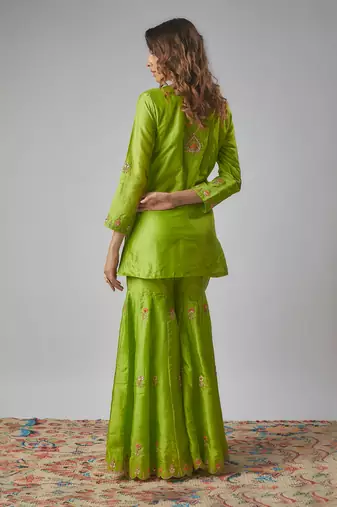 Neon green hand embroidered sharara set