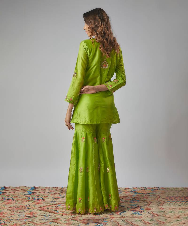 Neon green hand embroidered sharara set