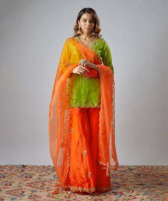 Neon green & orange hand embroidered sharara set 1
