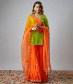 Neon green & orange hand embroidered sharara set