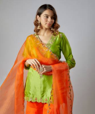 Neon green & orange hand embroidered sharara set 2
