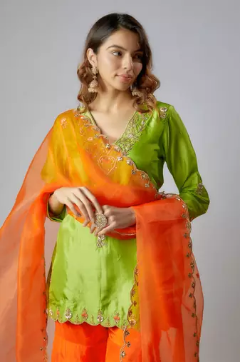 Neon green & orange hand embroidered sharara set