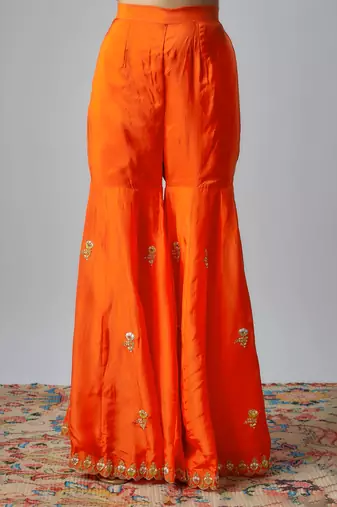 Neon green & orange hand embroidered sharara set