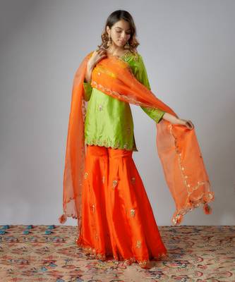 Neon green & orange hand embroidered sharara set 4
