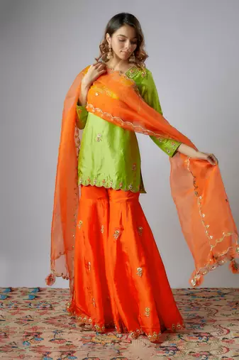 Neon green & orange hand embroidered sharara set