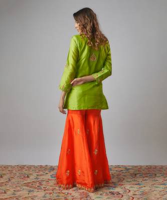 Neon green & orange hand embroidered sharara set 5
