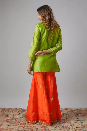 Neon green & orange hand embroidered sharara set