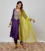 Purple hand embroidered kurta set