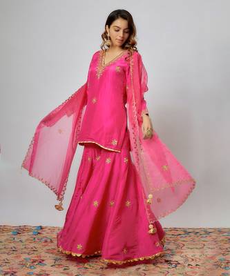 Hot pink hand embroidered sharara set 1