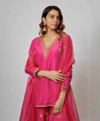 Hot pink hand embroidered sharara set 2