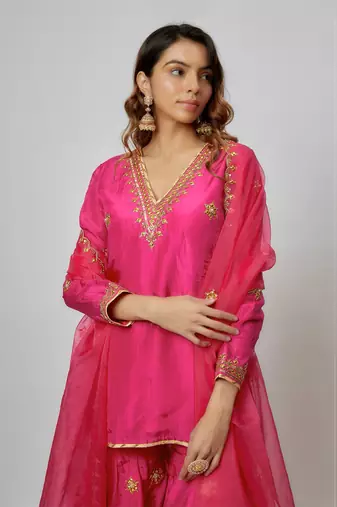 Hot pink hand embroidered sharara set