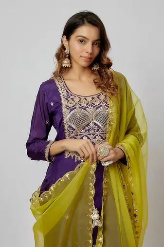 Purple hand embroidered kurta set