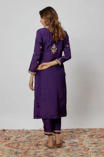 Purple hand embroidered kurta set
