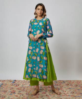 Parrot green printed chanderi kurta set 1