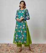 Parrot green printed chanderi kurta set