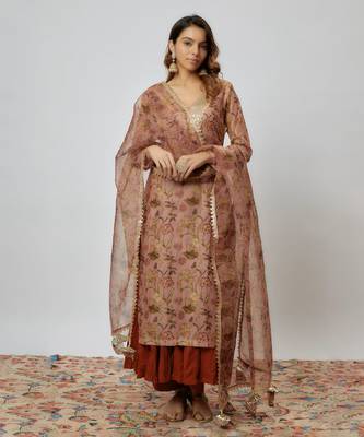 Rust color printed chanderi kurta set 1