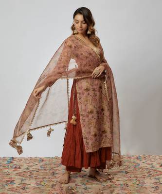 Rust color printed chanderi kurta set 2