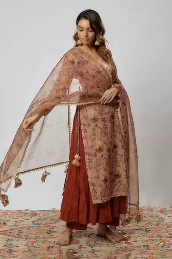 Rust color printed chanderi kurta set