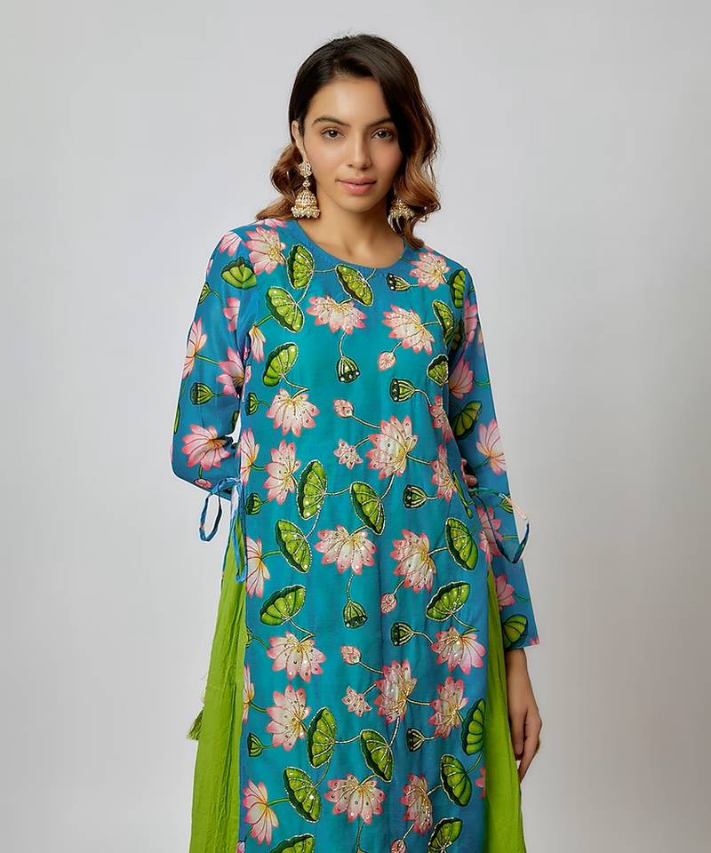 Parrot green printed chanderi kurta set