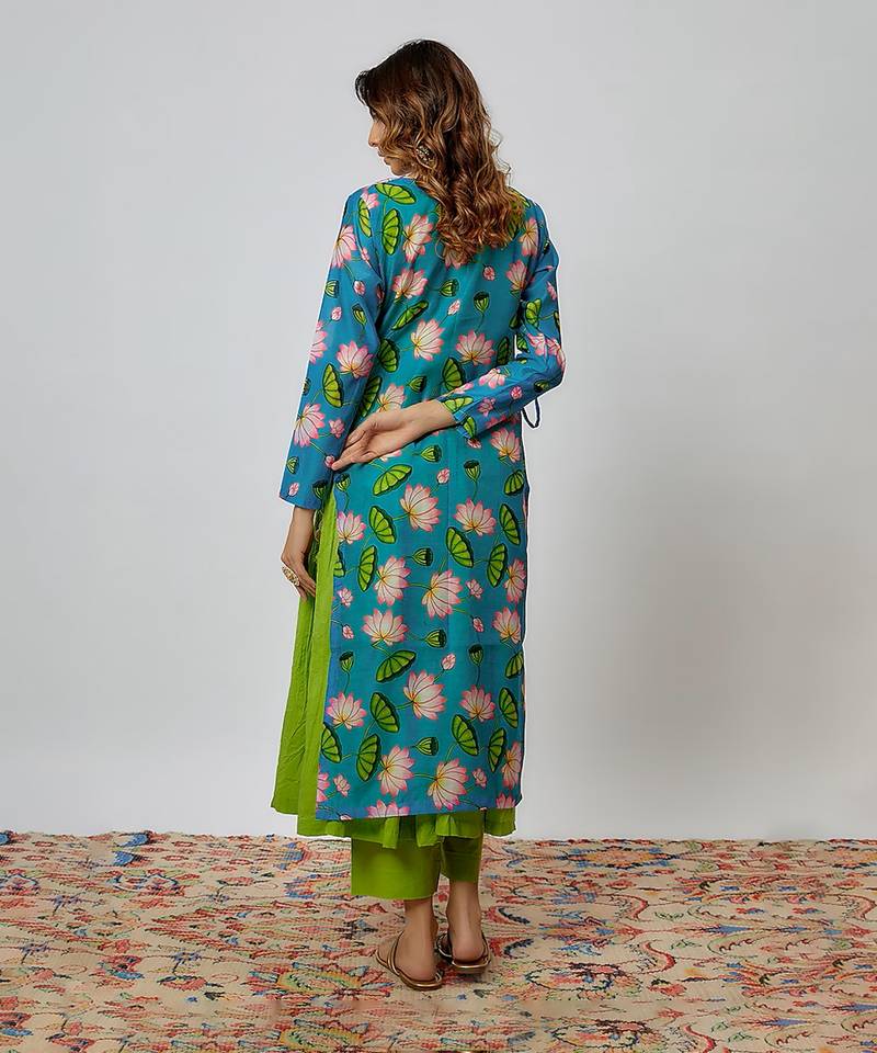 Parrot green printed chanderi kurta set