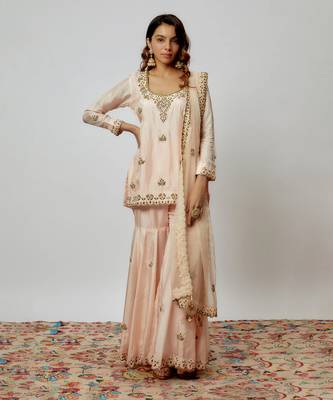 Peach hand embroidered sharara set 1