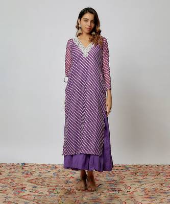 Purple lahariya printed chanderi kurta set 1