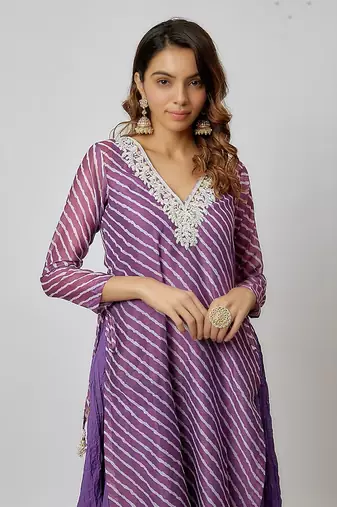 Purple lahariya printed chanderi kurta set