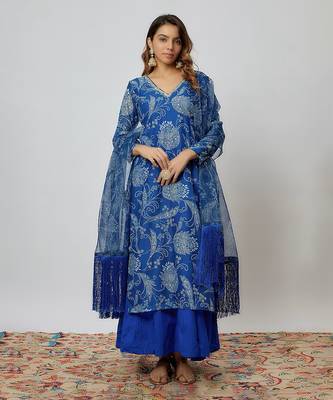 Blue printed chanderi kurta set 1