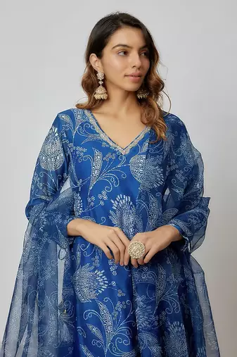 Blue printed chanderi kurta set